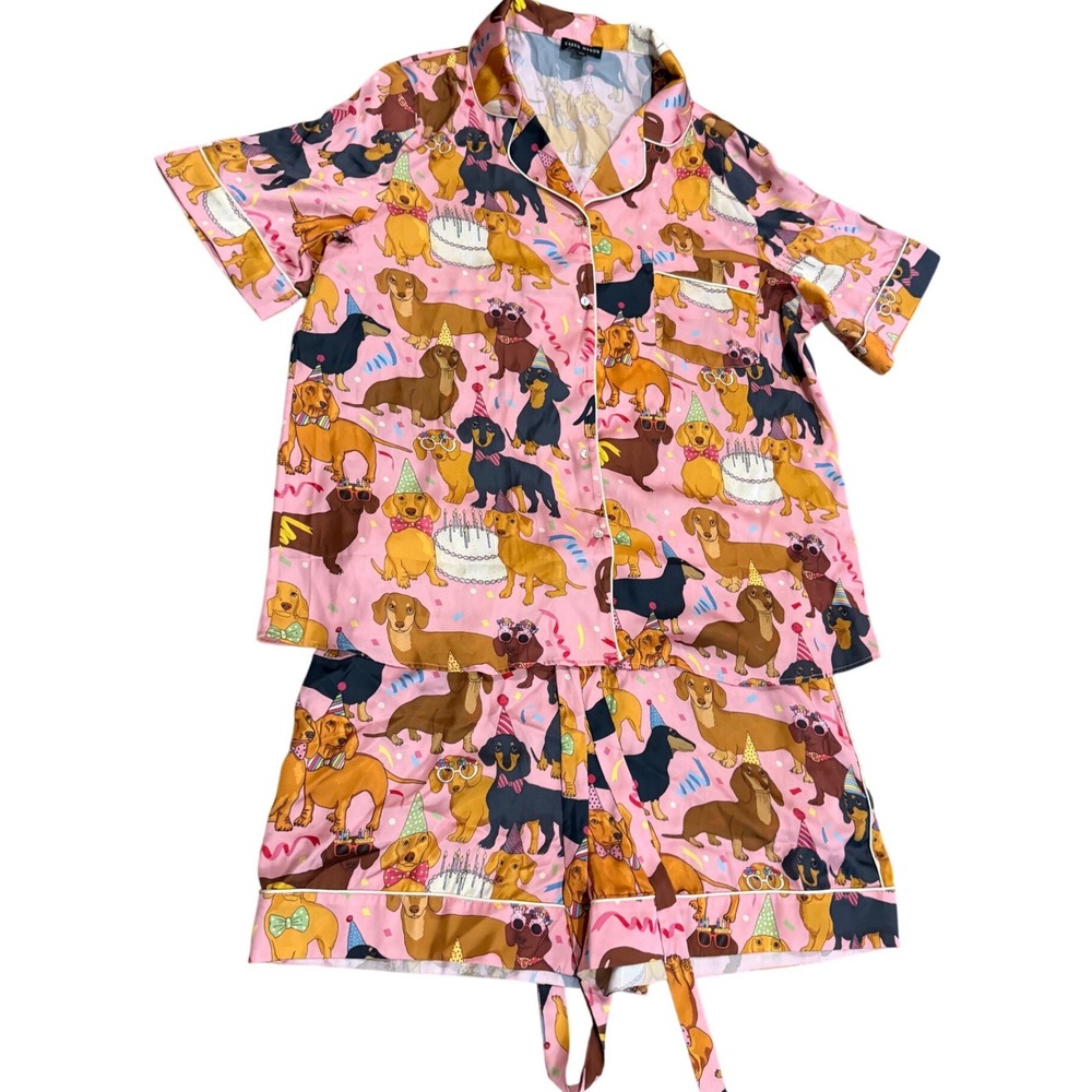 $135 Karen Mabon Hot Dog Birthday Satin Pajama Set Pink Dachshund Dog Print XL - Picture 6 of 12